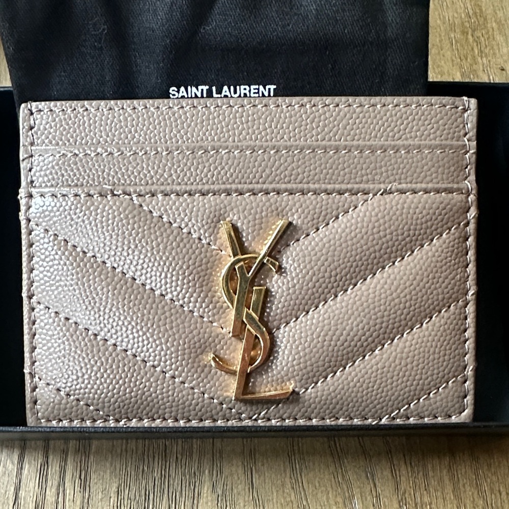 Saint Laurent Beige Card Holder with Gold Logo